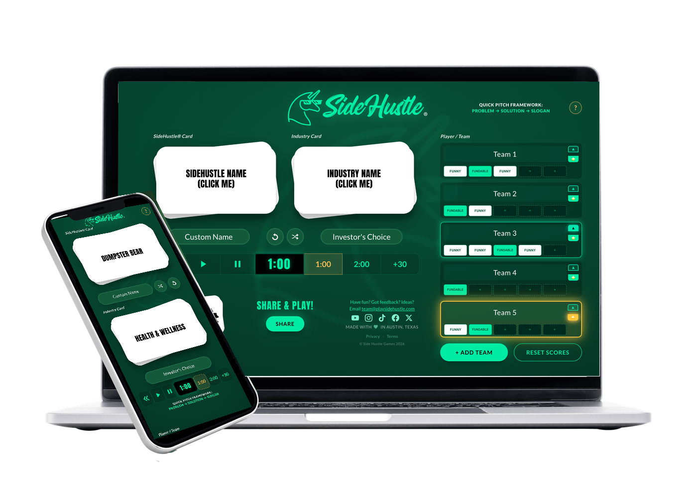 The SideHustle® game on a MacBook and an iPhone — play free on desktop or mobile