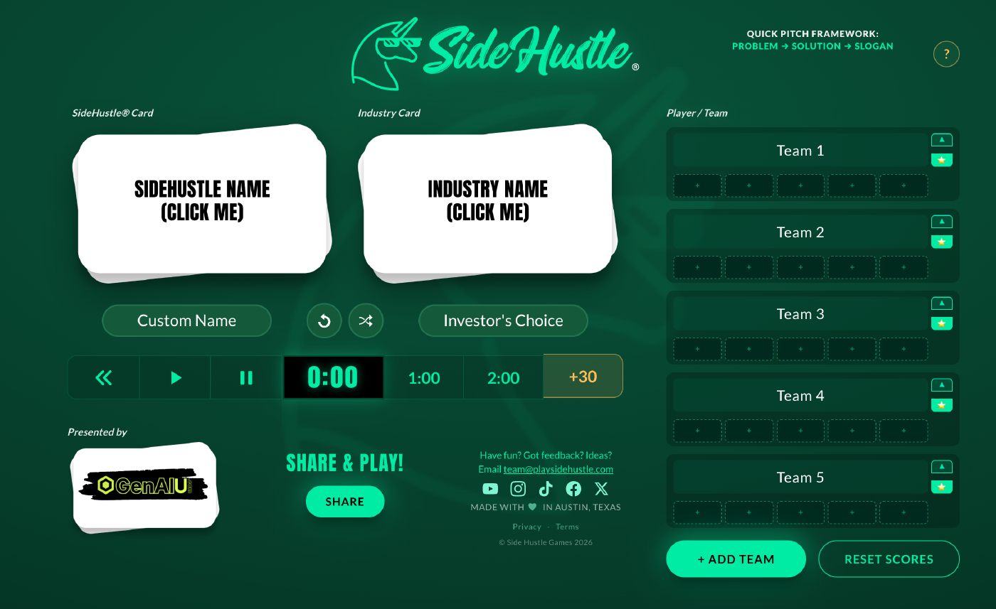 A round of SideHustle® playing out — cards drawn, the clock running down, then Funny and Fundable points awarded